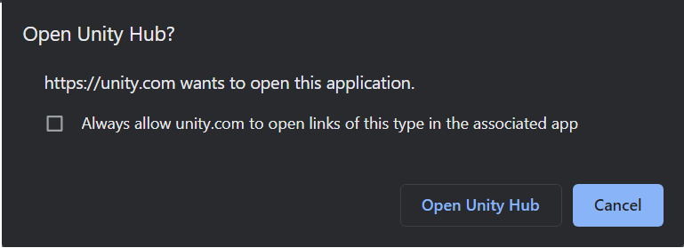 Acceptez l'invite du navigateur pour ouvrir Unity Hub.